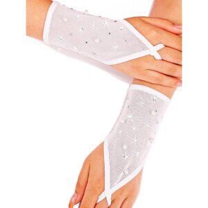 Women's Fingerless Sheer Rhinestone Pearl Short White Gloves Opera Party Tea